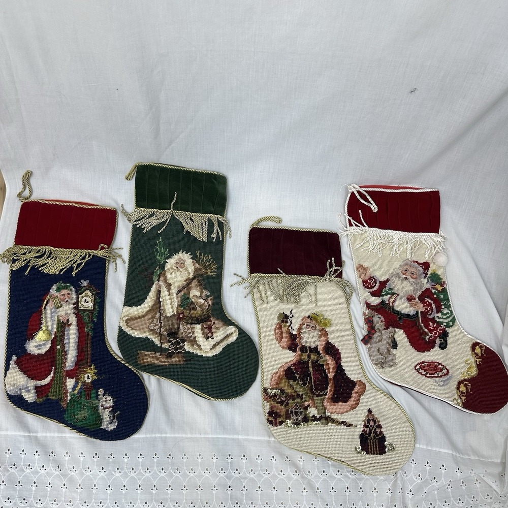 4 Wool Needlepoint Christmas Stocking Old World Santa Velvet Cuff Gold Trim